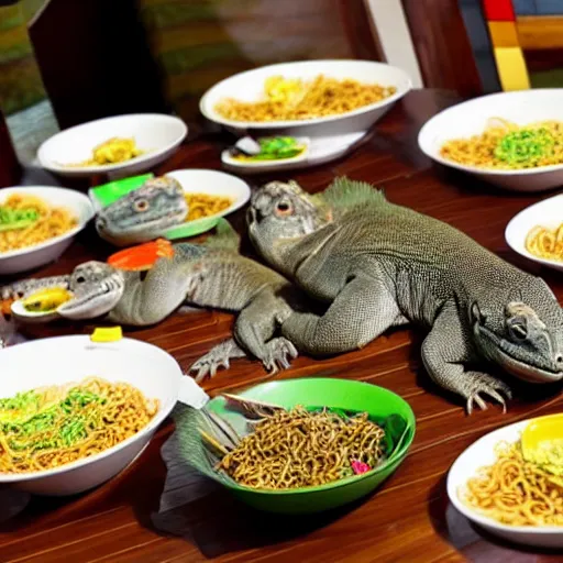 Prompt: a group of komodo dragons having a feast consisting of only indomie instant noodles on a fancy dining table, cartoon style