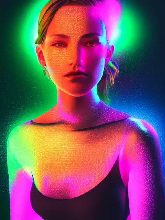 Prompt: portrait of a gorgeous beautiful holographic woman, standing against a black background, full body, luminous, glowing MRI x-ray, glitch, featured in artstation, octane render, Vibrant colors, neon cyberpunk, photograph