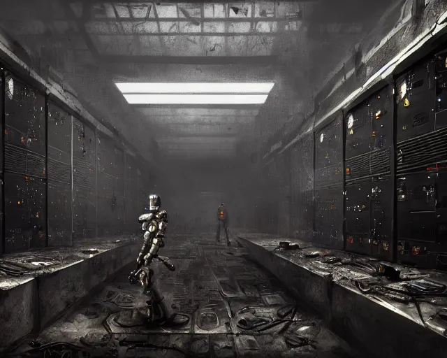 Image similar to robo in gloomy ruined server room in datacenter robot painting concept art of automata rusty steel robot knight colossus welder pacing mono eyed, sharp focus, emitting diodes, smoke, artillery, sparks, racks, motherboard, by pascal blanche rutkowski repin artstation hyperrealism detailed character design matte painting, 4 k resolution blade runner