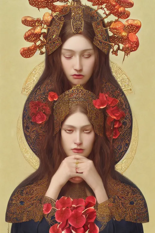 Prompt: breathtaking detailed concept art painting of the goddess of rafflesia arnoldii flowers, orthodox saint, with anxious, piercing eyes, ornate background, amalgamation of leaves and flowers, by Hsiao-Ron Cheng, extremely moody lighting, 8K