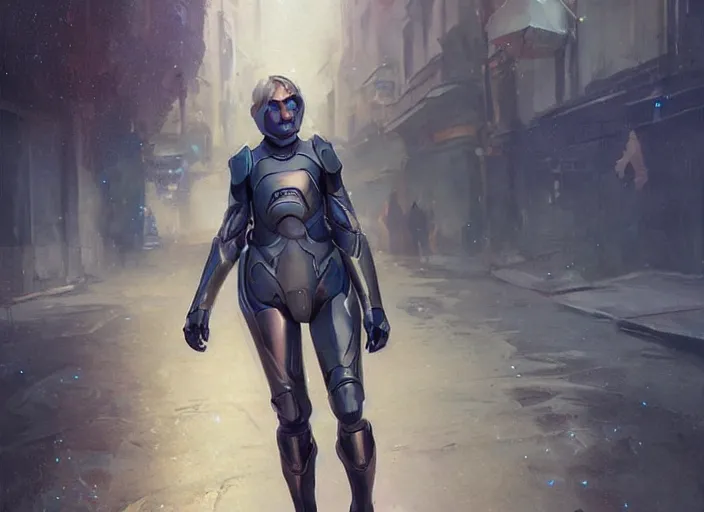 Prompt: girl wearing futuristic space armor walking on a street in prague, official art, by artgerm, by jeremy lipking, realistic expressive digital art, gorgeous attractive face, cgscociety