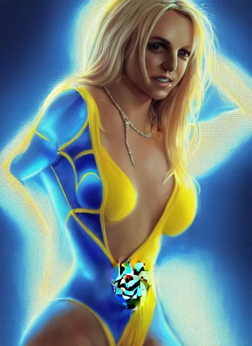 Image similar to britney spears in blue and yellow cat costume, intricate, elegant, glowing lights, highly detailed, digital painting, artstation, glamor pose, concept art, smooth, sharp focus, illustration, art by artgerm and greg rutkowski, artey freytag