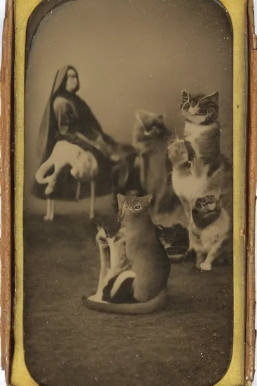 Image similar to daguerreotype of nuns riding cats