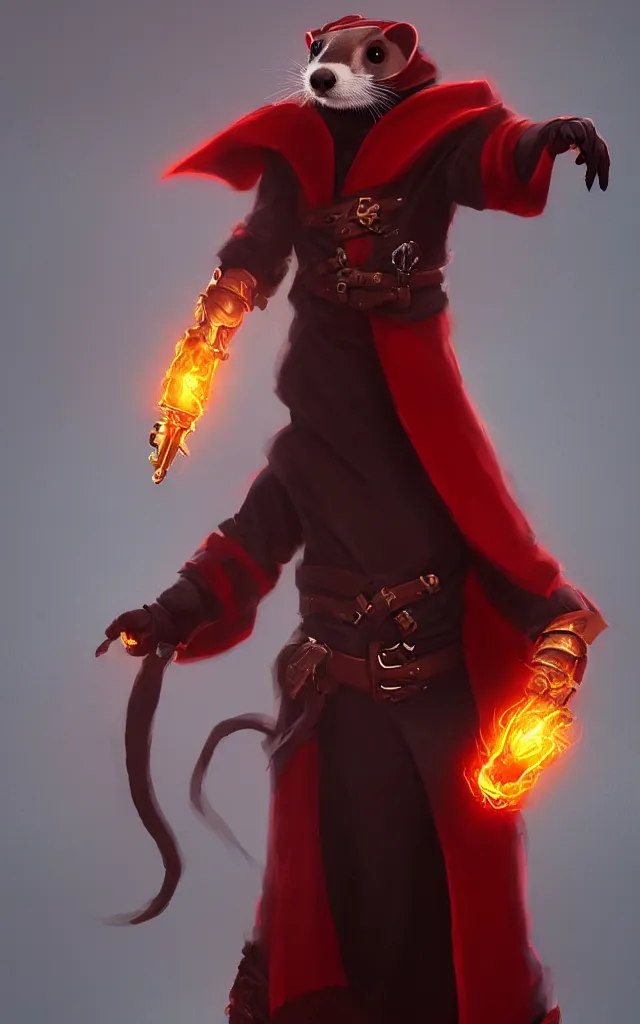 Image similar to a anthropomorphic ferret is a dark warlock dressed red robes, he's very menacing and evil, he's holding a fireball, hyperdetailed, artstation, cgsociety, 8 k