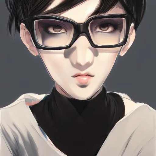 Prompt: full upper-body portrait of a girl with short black hair and glasses drawn by WLOP, attractive character, colored sketch anime manga panel, trending on Artstation