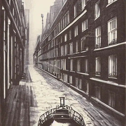 Prompt: surrealistic boat steamimg through the streets of London