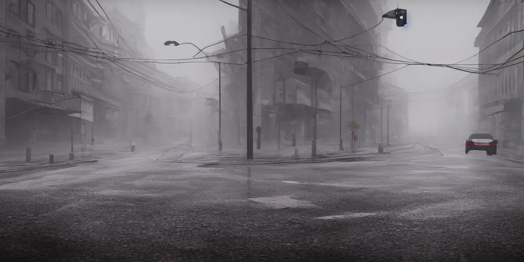 Image similar to silent hill in real life, streets, sombre, parked cars, overcast, blankets of fog pockets, rain, volumetric lighting, beautiful, autumn, sharp focus, 7 0 s visuals, ultra detailed, cgsociety