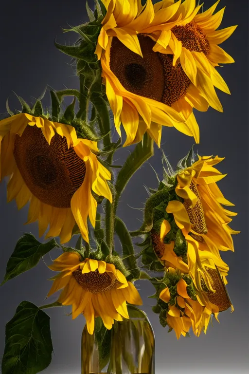 Prompt: hyper - realistic photo of sunflowers in the vase, photorealism, portrait photography, volumetric lighting, insanely detailed, artstation, 4 k, 8 k