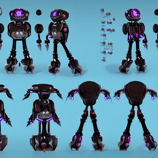 Image similar to character sheets for a friendly tripod vampire squid robot made of broken parts that loves cats and has an led screen face, inspired by splatoon by nintendo, art by tim schafers work on psychonauts 2 from double fine, anime, vhs distortions