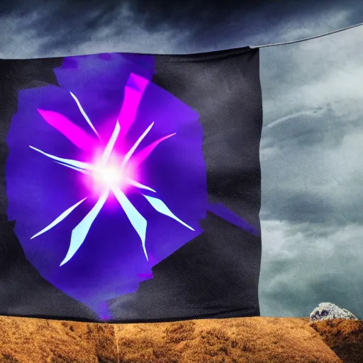 Prompt: a flag that open a portal to other dimension with purple energy and blue fire coming from the portal, dark, cinematography , 4k