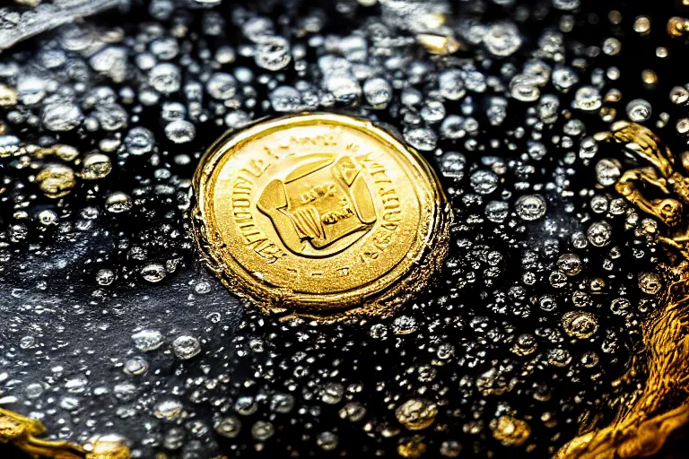 Prompt: a Photorealistic hyperrealistic close up high speed render of a large detailed gold coin dropped into a glass full of water creating a splash, beautiful highly detailed droplets, reflections and refractions, dark studio backdrop, Beautiful studio lighting, Nikon Z7, ISO 400, Sigma 85mm f1.4 DG DN, aperture f/11, exposure 1/200, studio lights