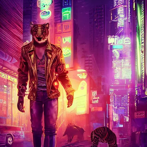 Image similar to a beautfiul award winning commission portrait of an anthro tiger in the neon cyberpunk city at night,wearing a leather jacket,glow effect,detailed face,photorealistic,character design by charles bowater,ross tran,deviantart,artstation,digital art,hyperdetailed,realistoc,western comic style,vfx,dramatic