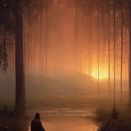 Prompt: masterpiece painting of a portrait of a native incan man covered in mud, sunset in a foggy swamp, by greg rutkowski and noah bradley, trending on artstation
