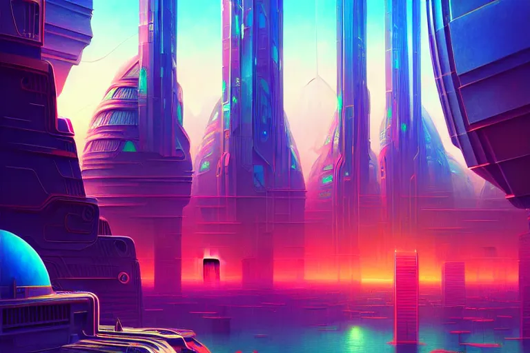 Image similar to futuristic city, illustration painting, intricate, detailed illustration, hd, digital art, overdetailed art, concept art, complementing colors, detailed, illustration painting by leonardo da vinci, digital art, overdetailed art, concept art, complementing colors rendered by beeple, syd meade,