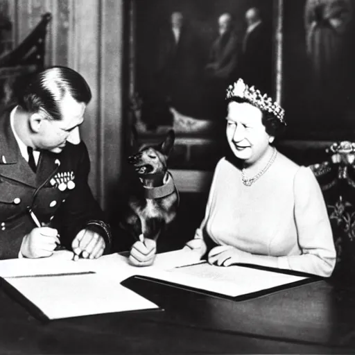 Image similar to 1 9 4 6 historical photo 1 3 5 mm of a single german general signing a peace treaty, a young queen elizabeth holds a corgi and watches the general sign the treaty, french village interior, highly detailed, sharp focus, symmetrical face