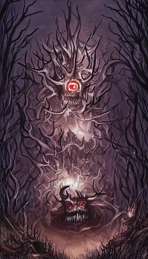 Image similar to a storm vortex made of many demonic eyes and teeth over a forest, from magic the gathering