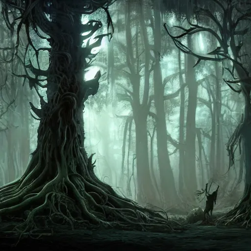 Prompt: A beautiful detailed concept art of a dark mythical forest, misty, ominous, thick giant trees, gnarled roots, digitally painted, looks like it's from elden ring and bioshock, by Pixar, dan mumford, beeple, sparth, andreas rocha john howe, Martin Johnson Heade, featured on artstation, cinematic lighting, during the day, concept art, landscape photography composition, f16