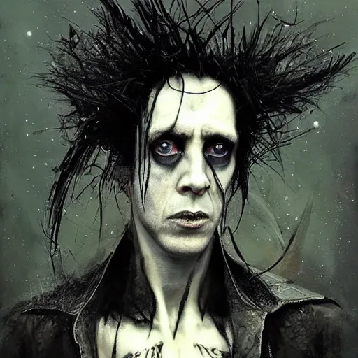 Prompt: stunning portrait of gaunt blixa bargeld a ( the cure fan ) as dream from sandman, dim stars as eyes, by jeremy mann, by cedric peyravernay, by by russ mills, by richard avedon and ben templesmith, dramatic lightning, sadness, dark eye sockets, in the shadows, punk rock, gothic, high detailed, 8 k