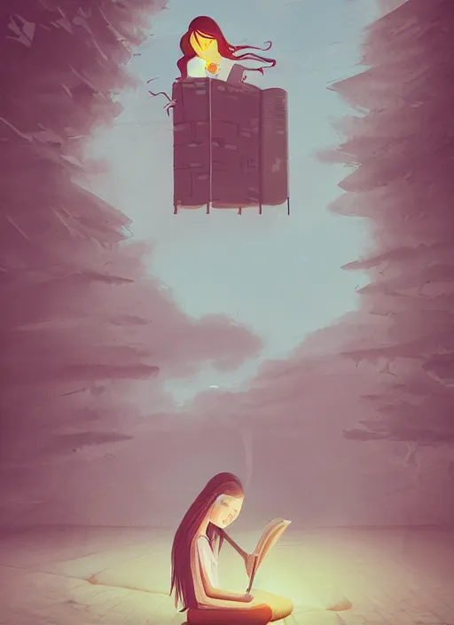 Image similar to a girl reading a book, her hair flowing down, surreal photography, digital painting, artstation, simon stalenhag