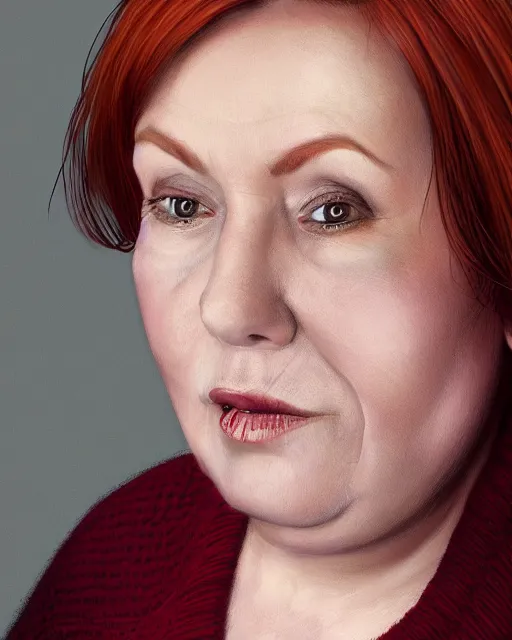 Image similar to portrait of short and plump 5 0 - year - old woman with red hair and, kind face, round face, short hair, molly weasley, wearing in cardigan, hyper realistic face, beautiful eyes, character art, art by mark brooks, hyperdetailed, cryengine, trending on artstation, digital art