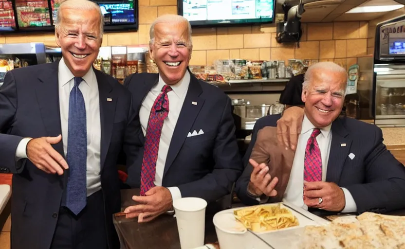 Image similar to a photo of joe biden at papa john's with shaquille o'neal