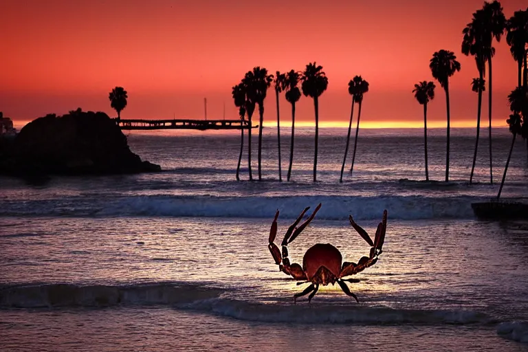 Image similar to giant crab attacking a california city, in 2 0 1 2, bathed in the the glow of the sunset, low - light photograph, photography by ansel adams