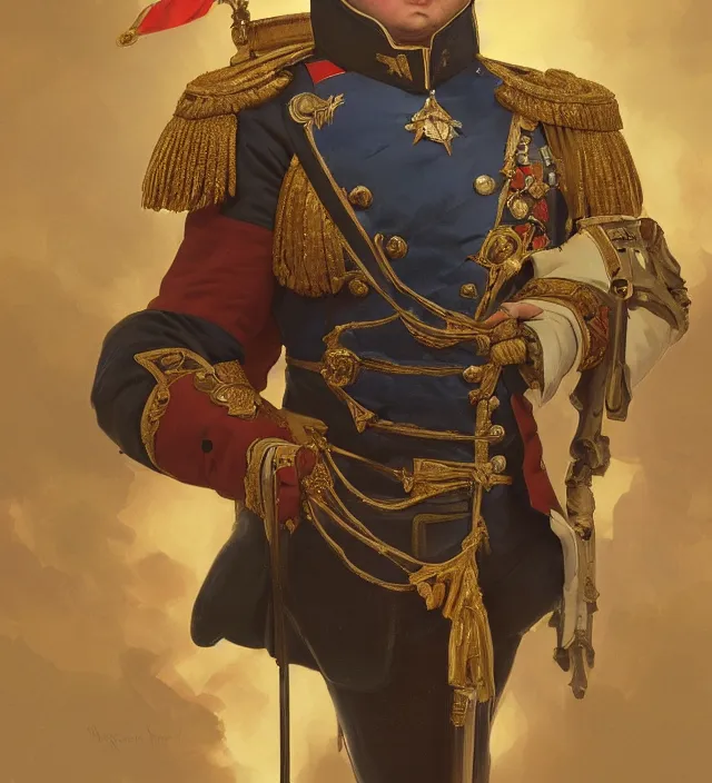 Image similar to portrait of emperor napoleon wearing a traditional nineteenth century french empire military uniform, metal shoulder pauldrons, intricate, highly detailed, digital painting, artstation, concept art, sharp focus, cinematic lighting, illustration, art by artgerm and greg rutkowski, alphonse mucha, cgsociety