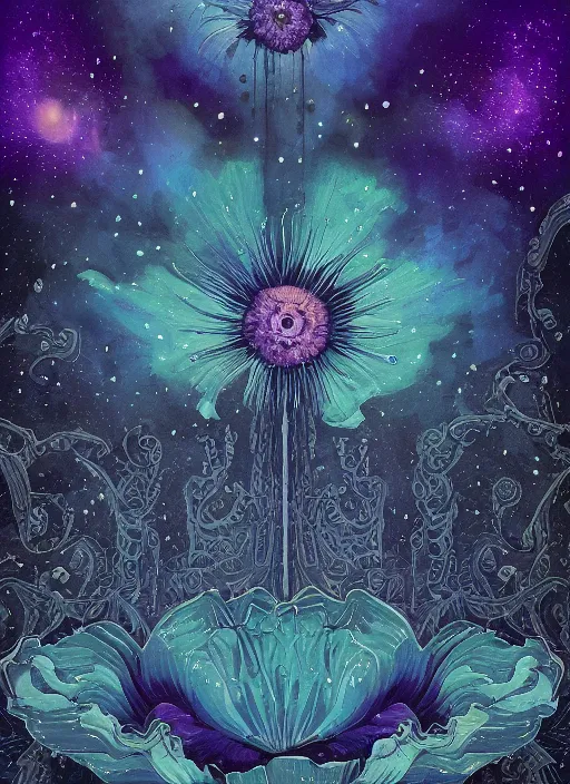 Image similar to detailed, intricate blue black and purple papaverum flower on the field, nebula, galaxy in the sky, winning award masterpiece, fantastically beautiful, illustration, aestheticly inspired dan mumford, upscale with anguissola sofonisba work, artstation, 8 k