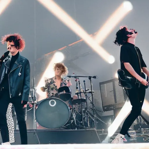 Image similar to the 1 9 7 5 performing at coachella, band performance, close up pictures of matty healy, joy, crowd