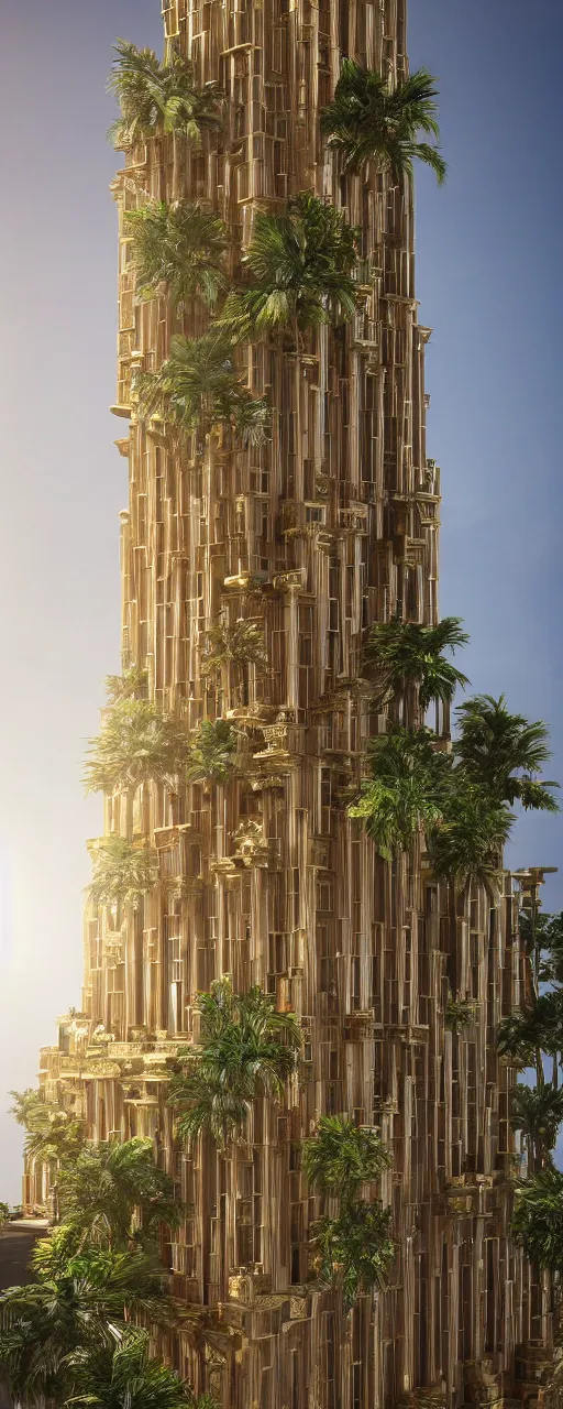 Image similar to eye level view of a contemporary babylon tower, golden intricate details, stone facade, sacred architecture, hanging gardens, cascading highrise, arid mountains with lush palm forest, photorealistic, sunlight, post - production, octane, cgi, sfx
