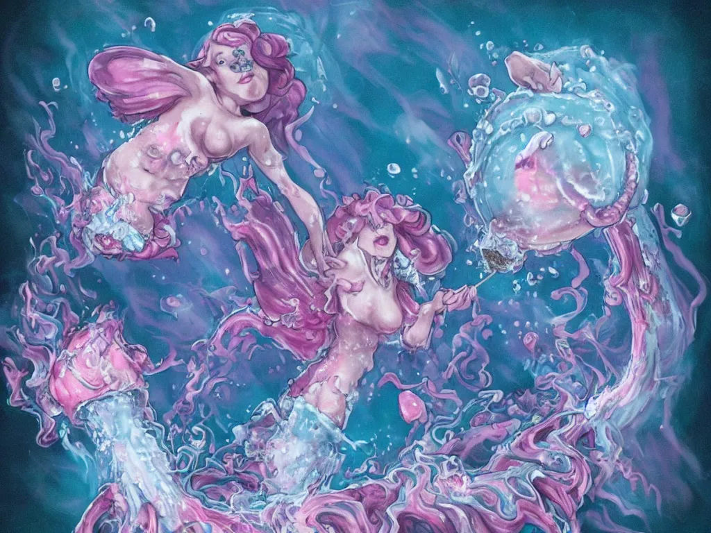 Prompt: Blue and pink fairy floss clouds in ice cream cones that explode into fire crackers and then the fire cracker sparkles settle into lines of cocaine and a dragon snorts a line and breathes fire that melts into acid and drips into a beaker that a mermaid drinks and then she turns into a demon mermaid and starts to glow by Mark Ryden