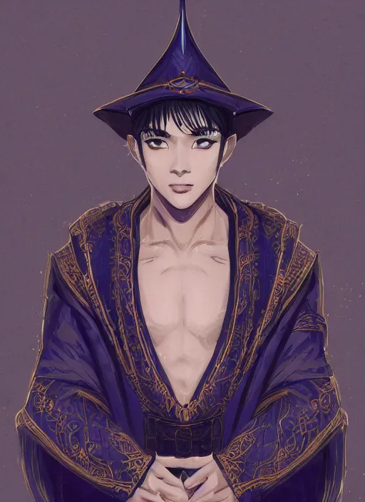 Image similar to a highly detailed illustration of short black haired young asian male wizard wearing ornate navy robe and mage hat, dramatic reading spell book pose, nonchalant expression, intricate, elegant, highly detailed, centered, digital painting, artstation, concept art, smooth, sharp focus, league of legends concept art, WLOP