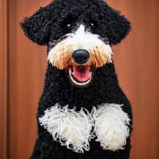 Image similar to a closeup photorealistic photograph of a cute smiling knitted bernedoodle judge dog dressed in a black gown, presiding over the courthouse. indoors, professional capture, well lit shot. this 4 k hd image is trending on artstation, featured on behance, well - rendered, extra crisp, features intricate detail, epic composition and the style of unreal engine.