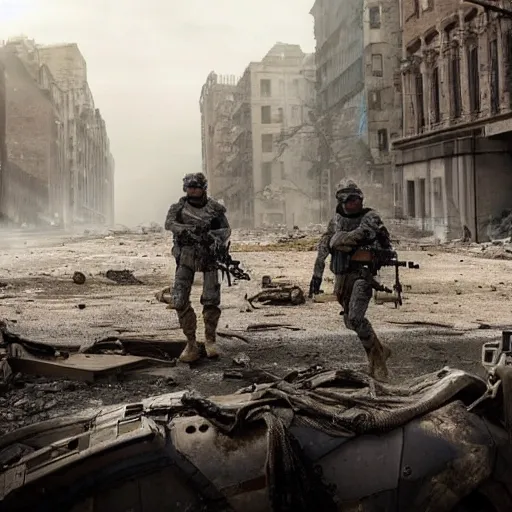 Prompt: Special Forces in grey uniform fighting in a ruined city in 2022, photo by Adam Ferguson, Pulitzer Winning, cinematic composition, breathtaking, modern, 2022