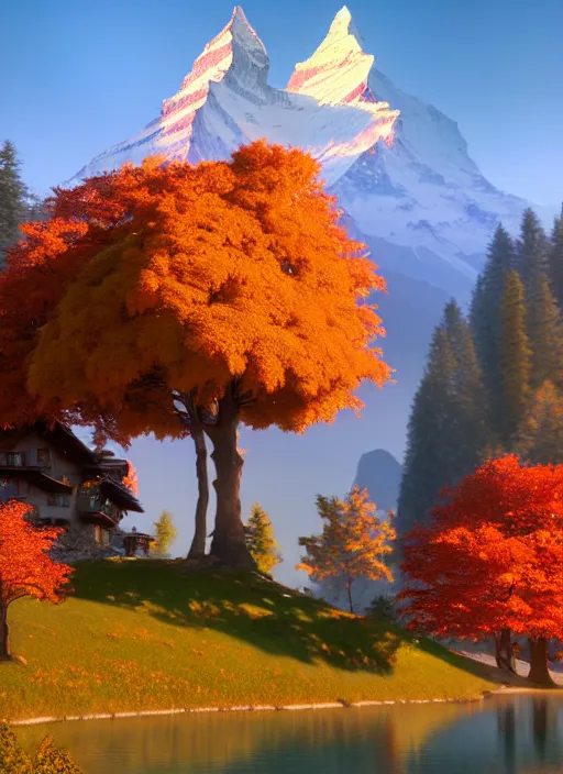 Image similar to a wholesome animation key shot, castle in the middle, swiss alps ( matterhorn ) in the background, autumn foliage in the foreground, studio ghibli, pixar and disney animation, sharp, rendered in unreal engine 5, anime key art by greg rutkowski, bloom, dramatic lighting