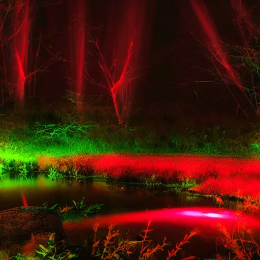 Prompt: photography at night of an ethereal pond, a central sunlight glare, mystical lights, cyber futuristic lights in the sky, masterpiece, epic, cinematic, hyperealistic photo, high detailed, red flashlight at night