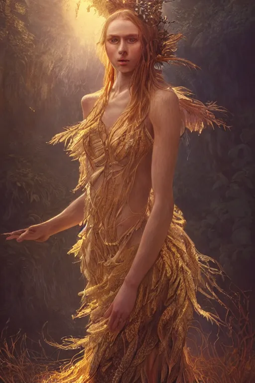 Image similar to stunningly beautiful, icelandic dancer in jungle, symmetrical face, golden hour, smooth, focus, highly detailed, hyper realistic, dramatic lighting, elegant, intricate, concept art, art by wlop, mars ravelo, greg rutowski, artstation
