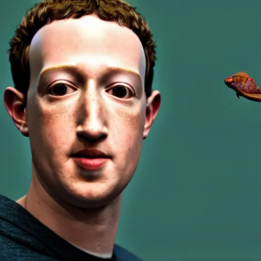 Image similar to UHD photorealistic zuckerberg with chameleon eyes, sitting in a dark room lit be a lava lamp looking at a fly on a wall