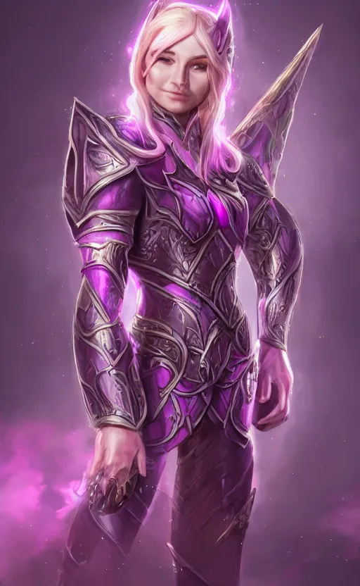 Image similar to a full body portrait of an elven woman with pink skin, and armor fit for a queen, wearing purple headphones, and smiling, dynamic lighting, photorealistic fantasy concept art, trending on art station, stunning visuals, creative, cinematic, ultra detailed