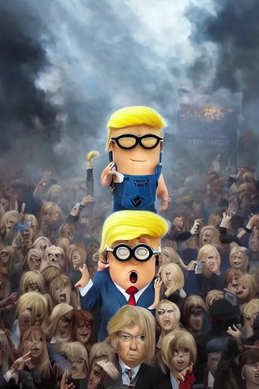 Image similar to trump with blond hair as a minion standing in front of a riot, anime style, intricate, portrait, 8 k highly professionally detailed, hdr, cgsociety