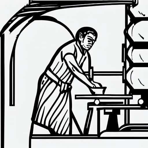 Image similar to woodlathe, man turning bowl on lathe, vector art, simple, clean, monochromatic, machinery, woodturning