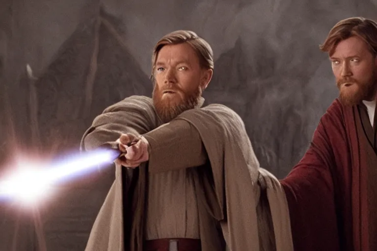 Image similar to film still, obi wan kenobi in a pointy hat casting lumos with a wand in the new harry potter movie,