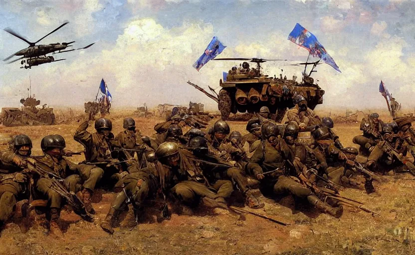 Prompt: high quality high detail painting by ilya repin, soldiers and tanks and choppers, hd