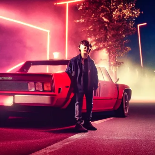 Image similar to Kavinsky in Stranger Things standing in front of a red sports car, night, cinetmatic