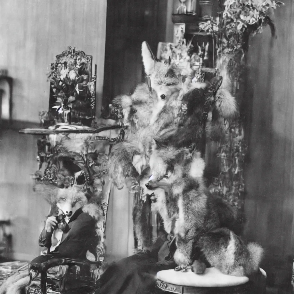 Image similar to anthropomorphic fox in suit sitting in the lobby of a luxury hotel, anthro, furry, 1 9 2 0 s photograph