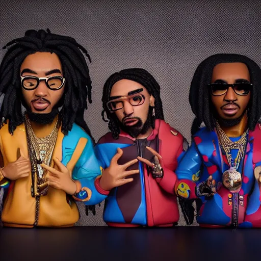 Image similar to funko pop of rap group migos members quavo, offset and takeoff, product shot, macro, hyper realistic, octane render, unreal engine, 4 k, 8 k