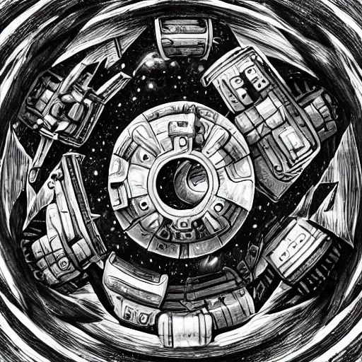 Prompt: heavy armor battle tank painted in white and black yin - yang dao symbol firing at dystopia, deep space full of stars background, detailed pencil drawing escher style xenopunk alien aesthetics