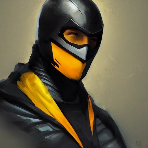 Image similar to portrait of a superhero by greg rutkowski, he looks like miles teller, he is wearing a black, orange and yellow kevlar gear with a mask, highly detailed portrait, digital painting, artstation, concept art, smooth, sharp foccus ilustration, artstation hq