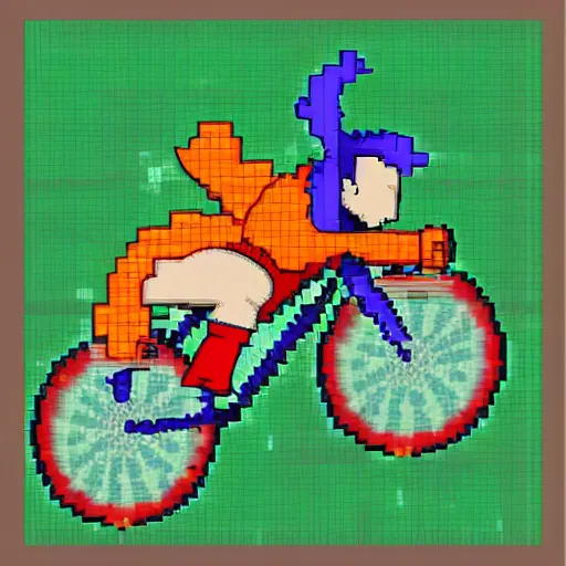 Image similar to pixel art of goku riding a bike