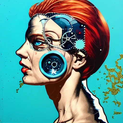 Prompt: portrait of britainwoman :: side profile :: in ocean :: clockwork details :: gold :: blood and horror :: by marvel and Sandra Chevrier